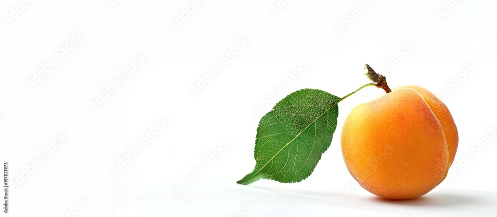Aufkleber Isolated on a white background an apricot fruit with a green leaf is displayed with a clipping path for easy editing alongside a copy space image