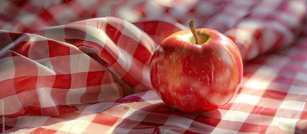 Poster Apple displayed on a clothed surface with red and white checkered pattern available for placement of text or objects in an image. . image with copy space