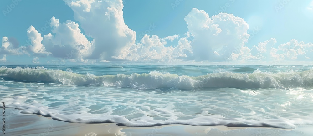Poster summer scene with sea waves foam and sky blending at the horizon ideal for a copy space image