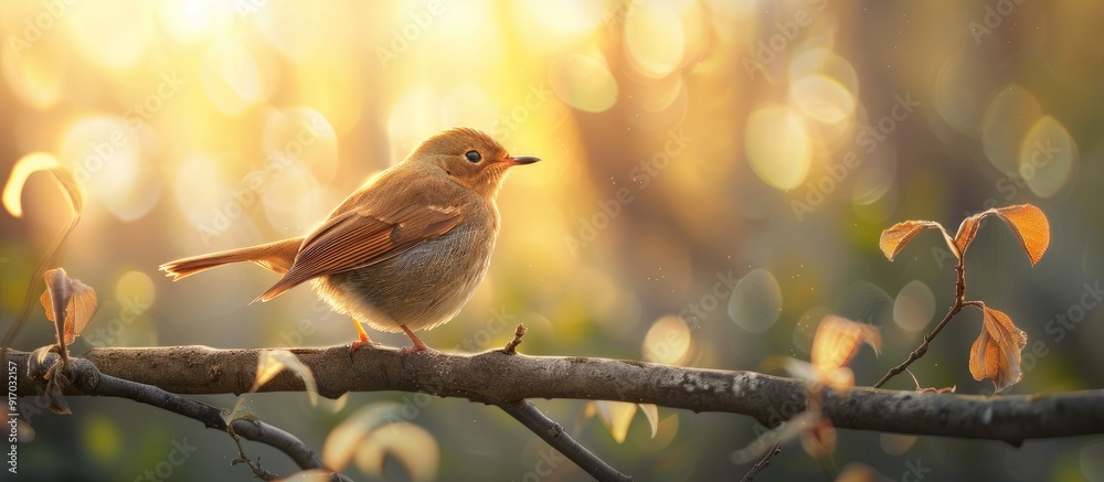 Poster A brown bird perches on a branch with a scenic morning background in a visually appealing composition with empty space for text or graphics known as a copy space image