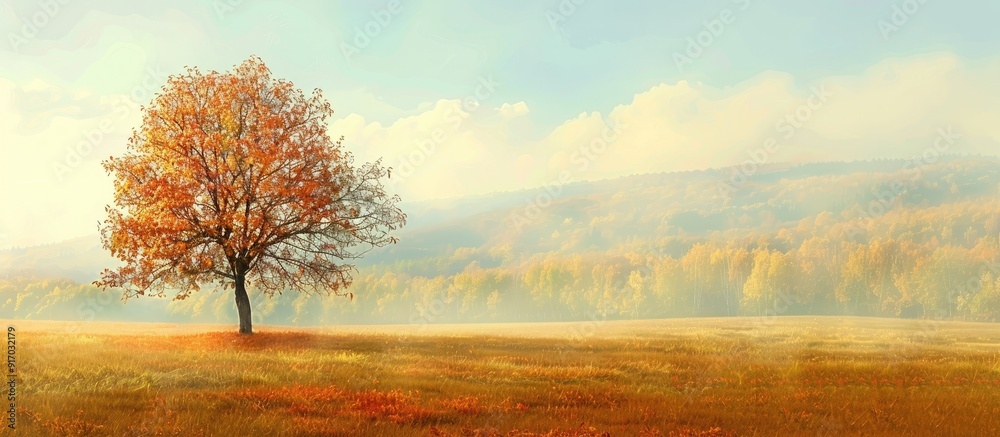 Poster Autumn scenery featuring a solitary tree with naked branches set against a beautiful fall landscape ideal for use as a copy space image