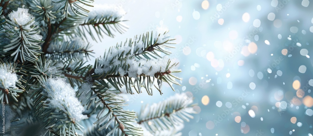 Poster Snow covered Christmas tree branches create a festive scene with copy space image