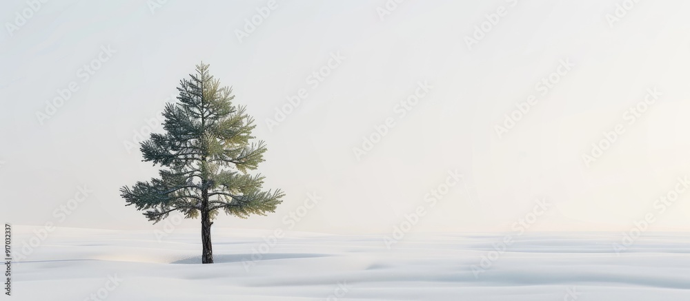 Poster a lone pine tree standing in a snowy landscape amidst a backdrop of white providing an ideal copy sp