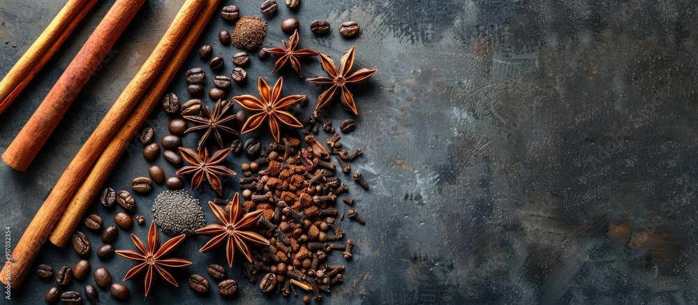 Poster various spices like star anise cinnamon sticks and coffee beans arranged artfully on a sleek dark co