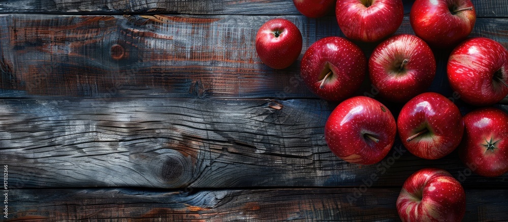 Poster Apples with a red hue arranged on a rustic wooden table with copy space image