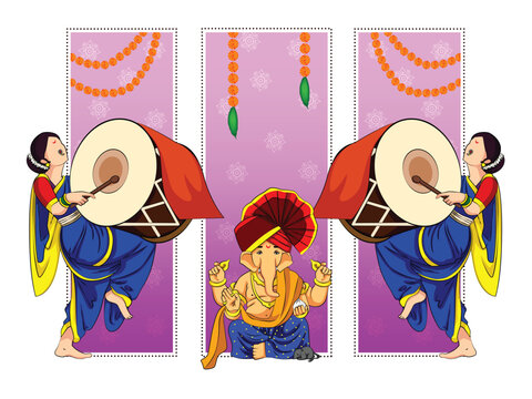Lord Ganpati in vector for Happy Ganesh Chaturthi festival celebration of India with people celebrating dhol tasha