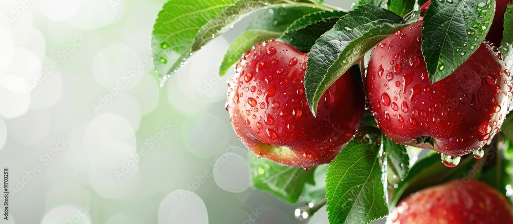 Poster Ripe red apples with water droplets hanging from a branch with green leaves in a close up copy space image