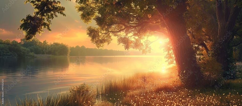 Poster a warm summer day with a bright golden sunset peeking through trees by a lake creating a serene copy