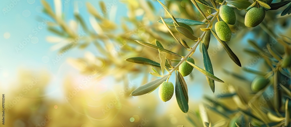 Poster Close up view of a branch of olive tree with young green olives in a row set against a blurred backdrop of foliage and blue sky creating a copy space image of fresh Greek harvest