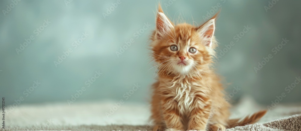 Poster a cute maine coon kitten with fluffy red fur posing in a copy space image