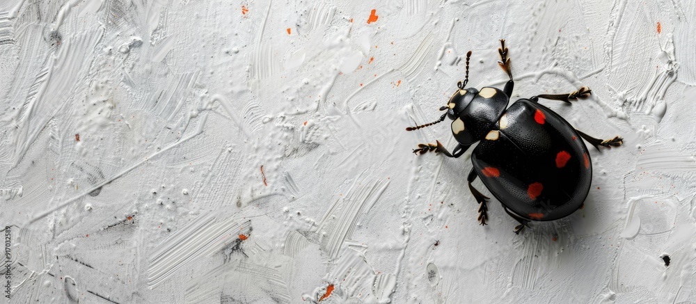 Poster black ladybug with red spots crawling on a white textured background providing copy space