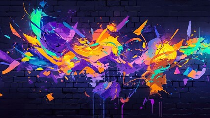 splattered paint, neon colors on a rough looking black brick wall
