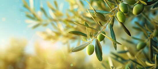 Close up view of a branch of olive tree with young green olives in a row set against a blurred backdrop of foliage and blue sky creating a copy space image of fresh Greek harvest