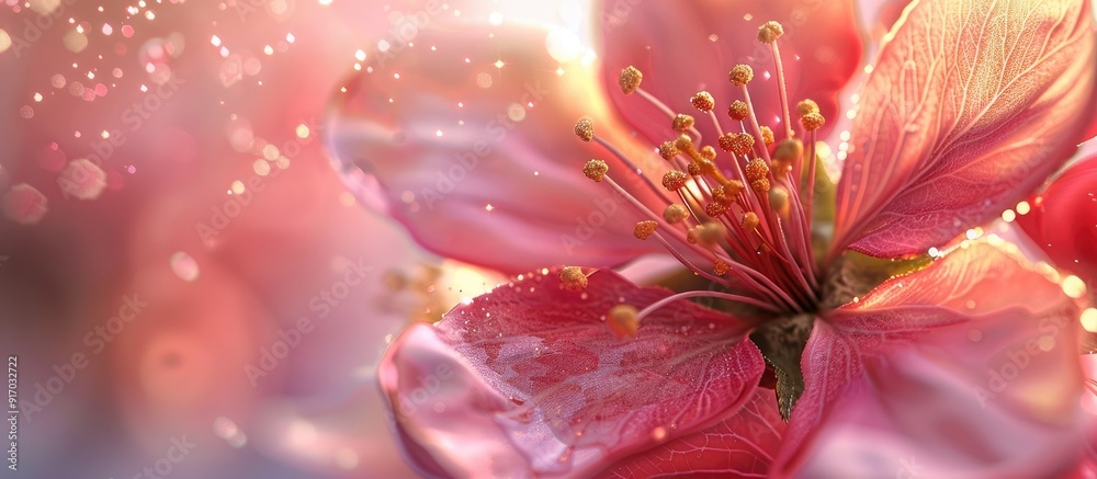 Poster close up shot of an apple blossom flower showcasing pollen with copy space image