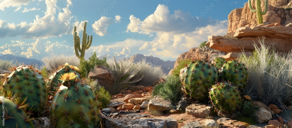 Poster cacti cluster in a canyon with a picturesque sky copy space image