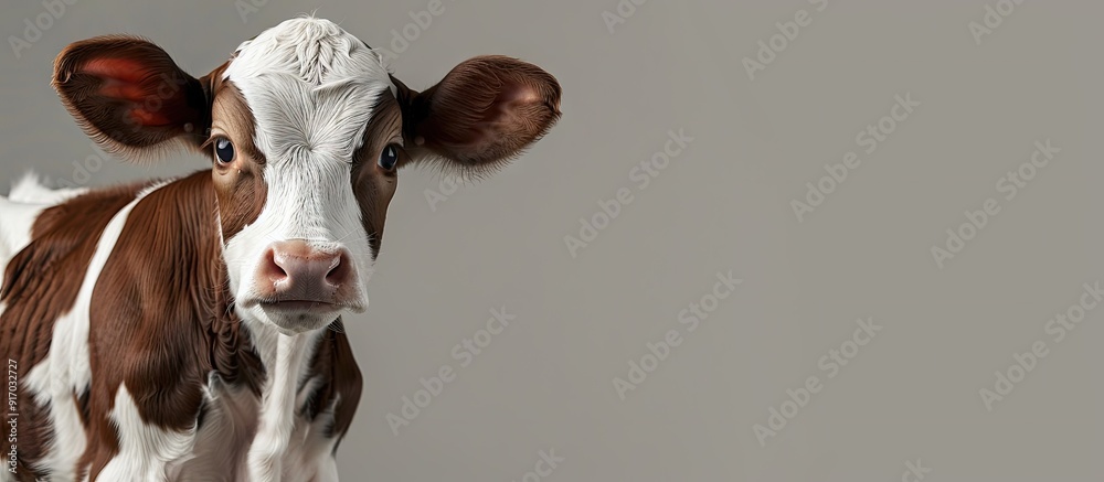 Poster A few days old Holstein Freisian calf with brown and white patches set in a background with copy space image