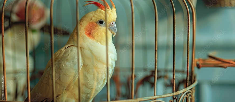 Poster a juvenile cockatiel pet gazes from its cage in a home setting with space for added imagery. . image