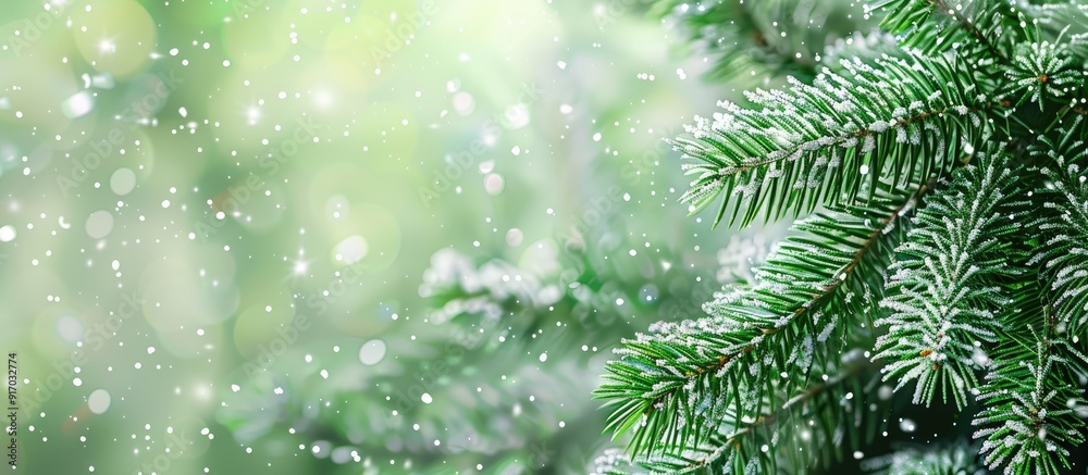 Poster green fir branches with snowflakes a snowy backdrop conveys a festive winter holiday theme with a ch