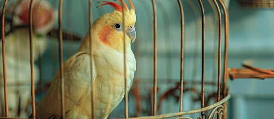 A juvenile Cockatiel pet gazes from its cage in a home setting with space for added imagery. . image with copy space