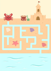 Maze game for kids in beach theme, summer maze game worksheet, labyrinth game printable, maze crab at the beach 