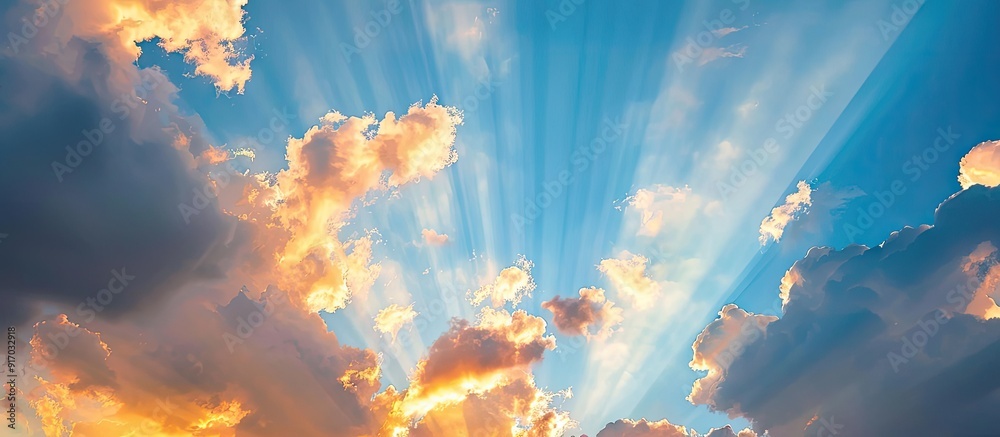 Aufkleber Sunset lighting up spring clouds in the blue sky creating a perfect backdrop for a copy space image