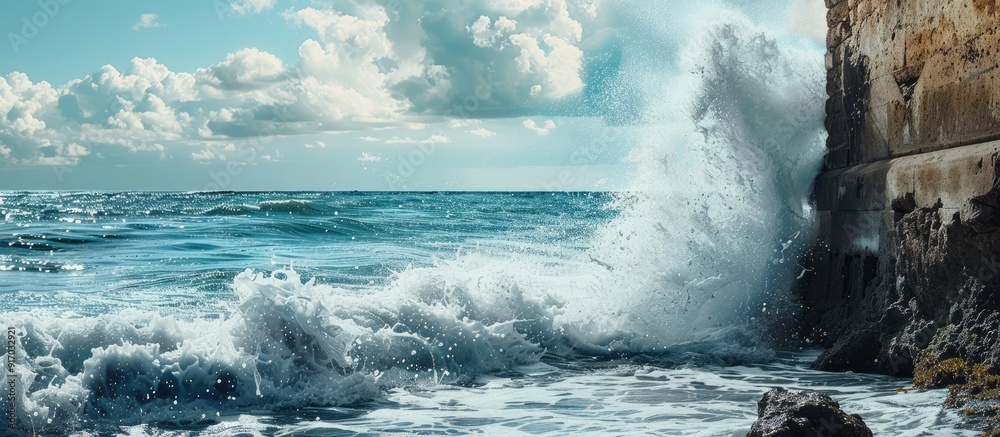Poster Coastal scene with ocean waves crashing against an old wall and rock creating a serene copy space image