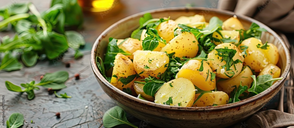 Poster Close up image of a bowl on a table with boiled potatoes and greens with copy space image
