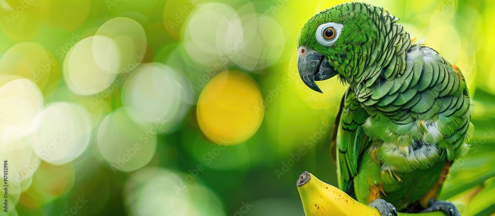 Poster An image of a green parrot enjoying a banana with available copy space