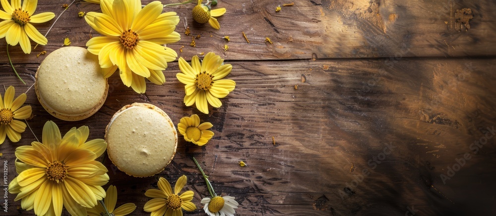 Poster yellow flowers and macaroons on a wooden backdrop create a charming scene with copy space image