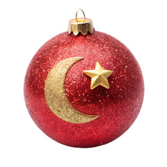 a round red ball with a golden glittery star and moon