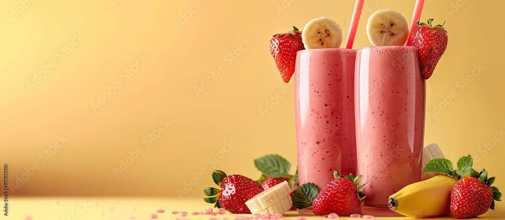 Poster strawberry and banana smoothies with copy space image