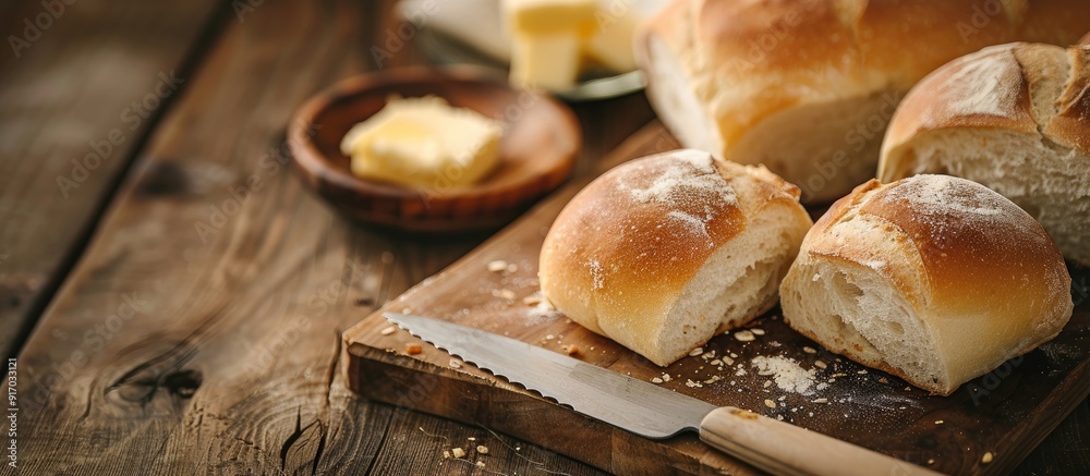 Poster Small white bread rolls and loaves displayed on a wooden surface with a knife and butter with clear copy space image