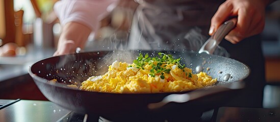 Chef preparing delicious scrambled eggs in a skillet in the kitchen with a copy space image