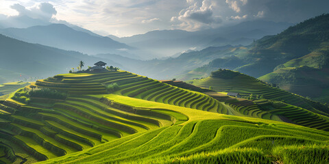 Fototapeta premium Beautiful nature Landscape of Paddy field on mountain from Mu cang chai, Yenbai, Vietnam. 