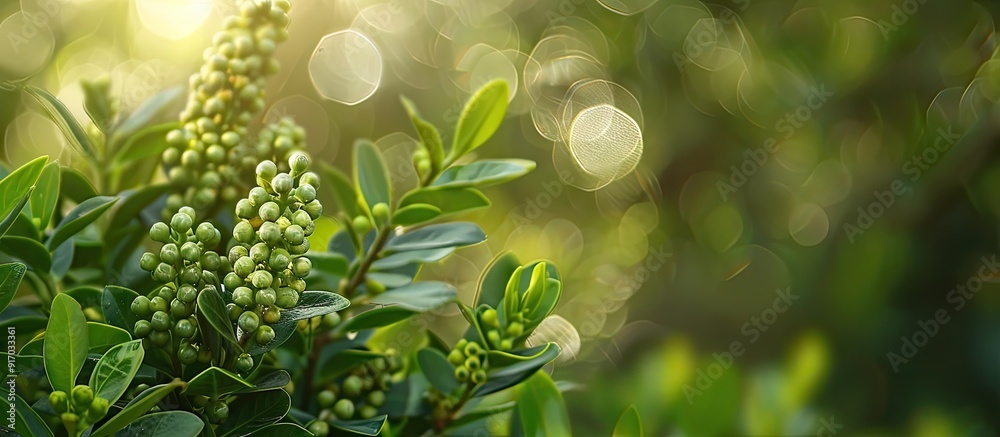 Poster a shrub in a garden displaying budding flowers perfect for copy space image