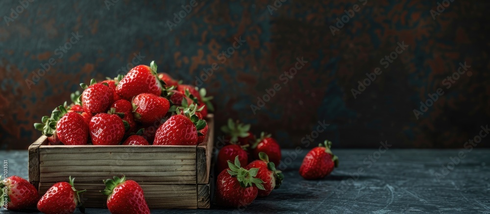 Poster Strawberries arranged in a wooden box on a dark backdrop below a blank copy space image