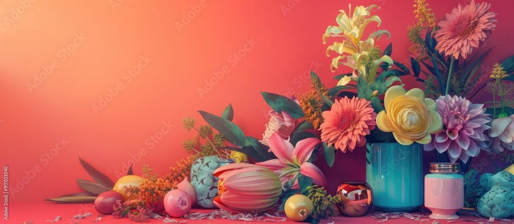 Aufkleber Artistic arrangement of flowers and objects on a studio background with copy space image