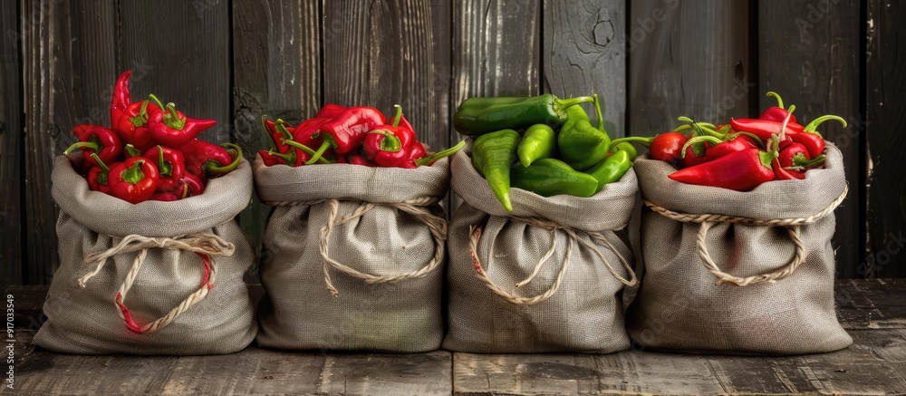 Poster colorful hot peppers red and green arranged in linen bags on a wooden table presenting a vibrant dis