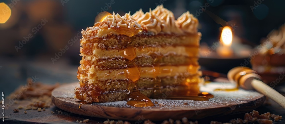 Poster Selective focus on a homemade honey cake slice with a layered appearance on a copy space image