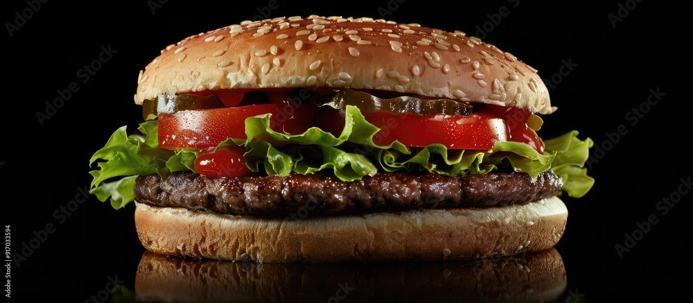 Poster A delicious sandwich made with ground meat patty typically beef served in a sliced bun often containing lettuce tomatoes and condiments. . image with copy space