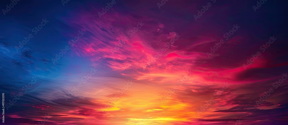 Poster romantic summer sunset with a colorful sky featuring hues of red orange yellow and purple over dark 