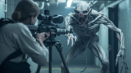A shooter aims a rifle at a monstrous creature in an eerie underground setting, creating a suspenseful atmosphere filled with danger