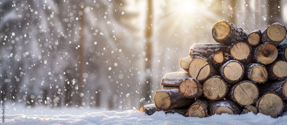 Poster Stack of timber logs arranged for drying through the winter season with ample copy space image
