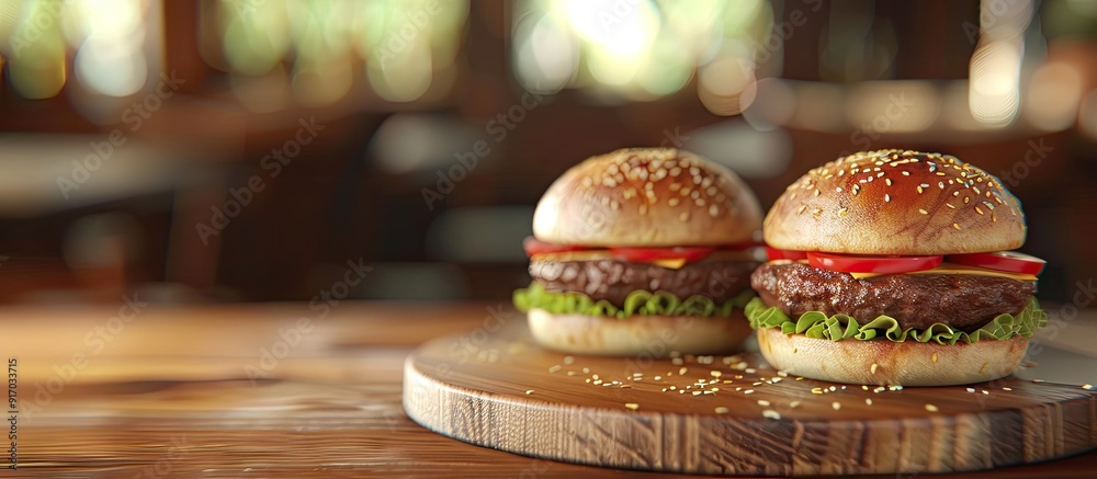 Poster wooden plate with delicious hamburgers creating a cozy setting in a copy space image
