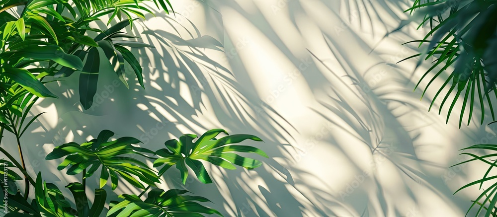 Aufkleber Nature s tropical leaves cast shadows and light on a white wall background creating a shadow overlay effect for a background wallpaper with a copy space image