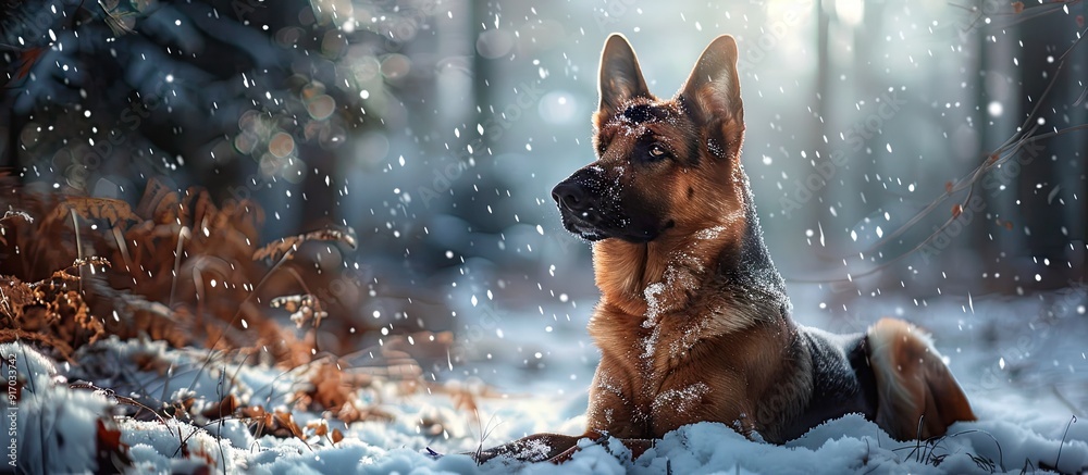 Aufkleber a german shepherd dog is pictured in a snowy forest creating a tranquil and peaceful copy space imag