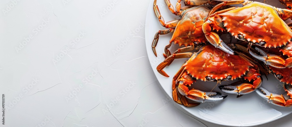Poster blue crabs displayed on a clean white plate with copy space image