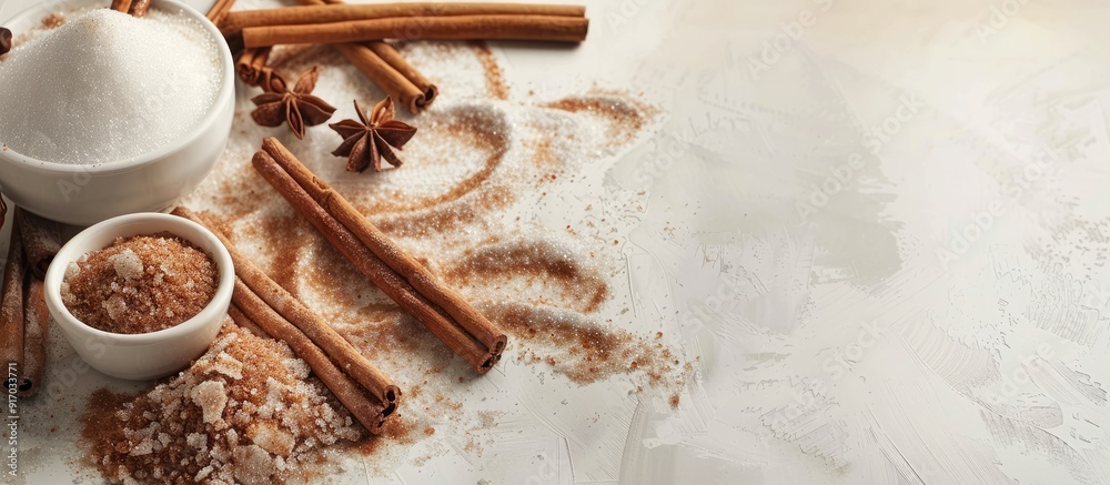 Poster White background highlighting cinnamon sugar and sticks with copy space image