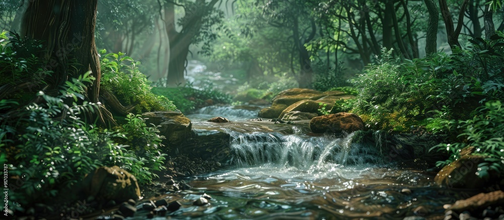 Poster nature rill flows serenely through the forest providing a peaceful and picturesque scene with copy s
