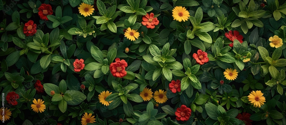 Poster close up of small velvet red and yellow marigolds amidst lush greenery with copy space image on a na
